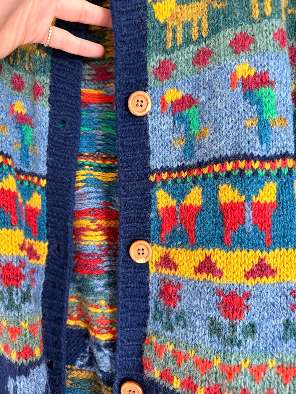 L.L. Bean Multicolor Fair Isle Wool Cardigan - Navy, Gray, Mustard, Green, Red - Picture 3 of 6